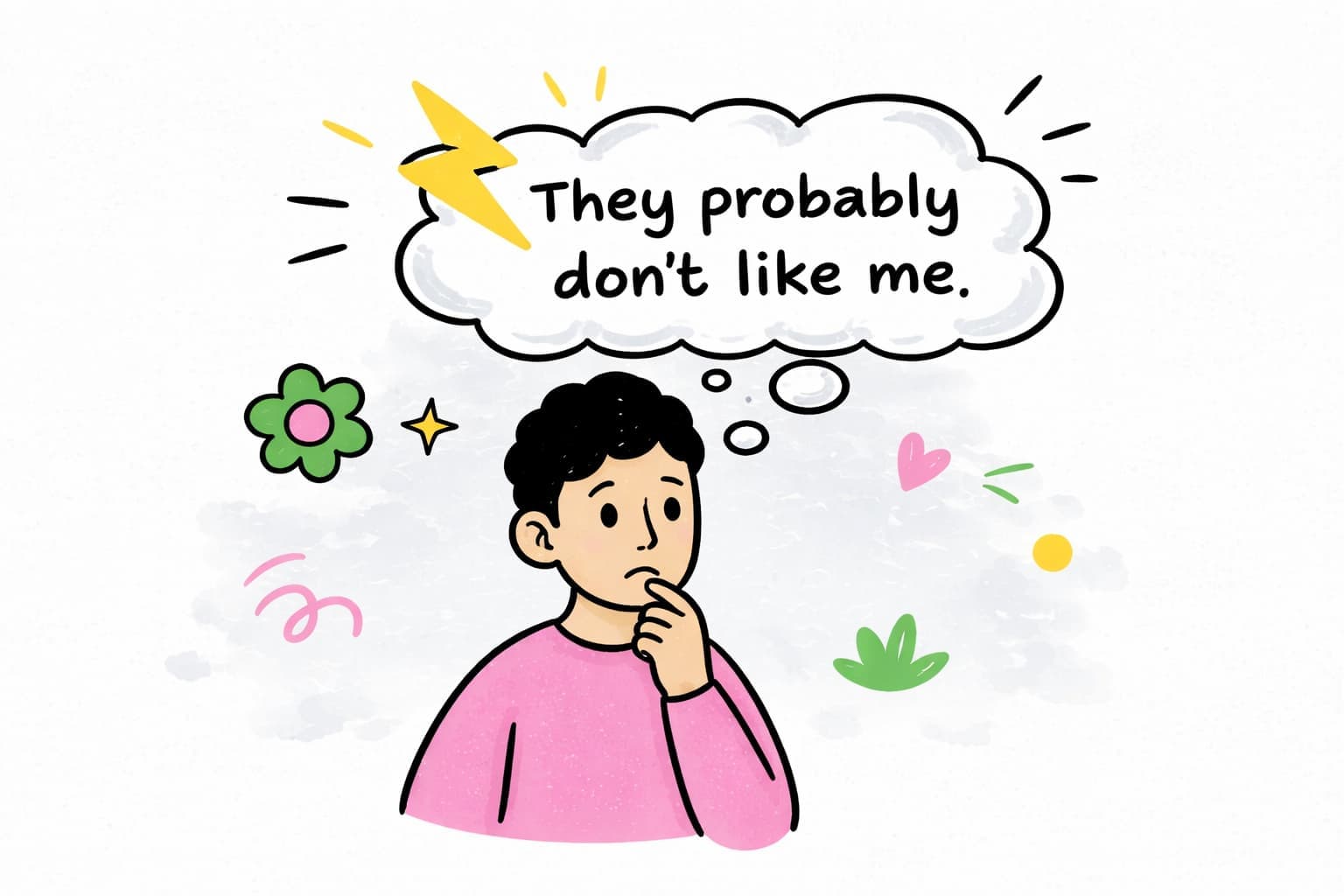 Illustration of a thinking mind with a thoughtful expression, representing the experience of automatic negative thoughts in everyday life.
