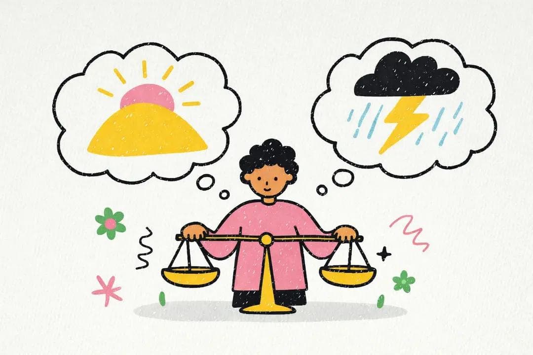 Illustration of a person balancing the evidence for and against their negative automatic thoughts