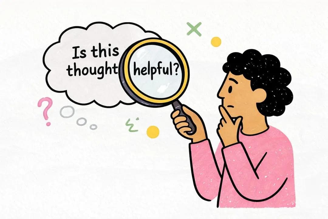 Illustration of a person with a thoughtful expression, holding a magnifying glass up to challenge an unhelpful thought