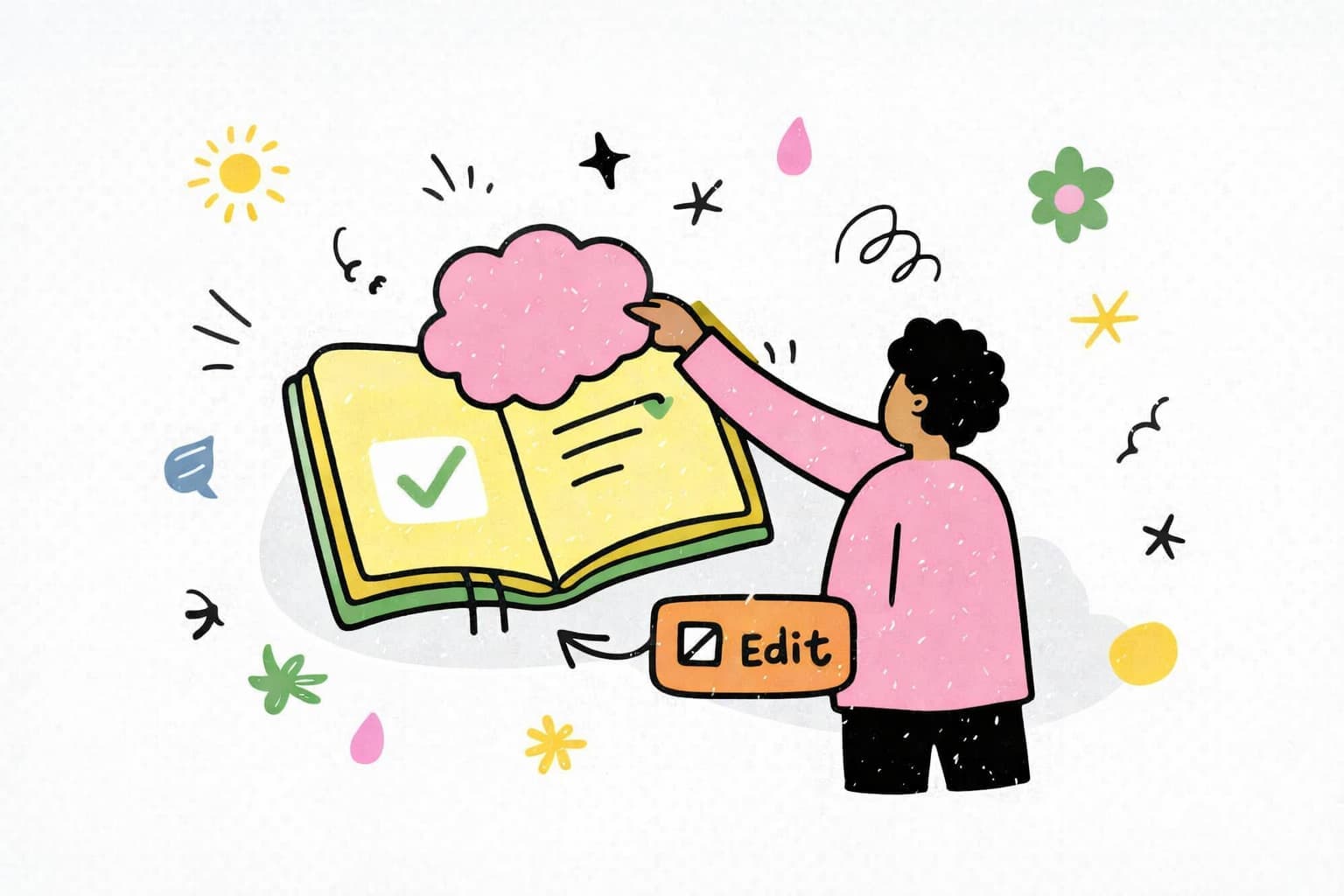 Illustration of a CBT thought record tool showing inputs for the situation, emotions, automatic thoughts, evidence, and balanced thinking.